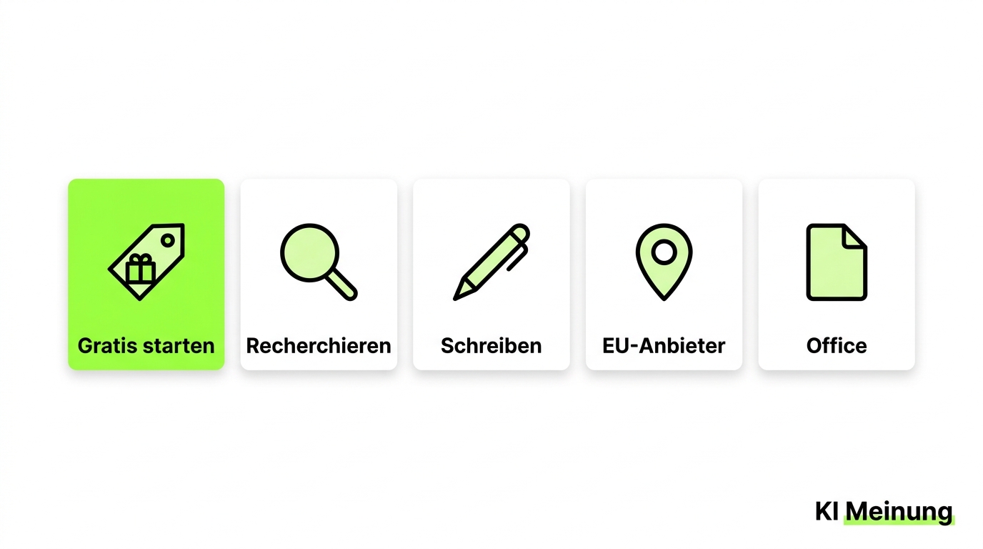 Fünf einfache Symbole nebeneinander, beschriftet mit „Gratis starten“, „Recherchieren“, „Schreiben“, „EU-Anbieter“ und „Office“.